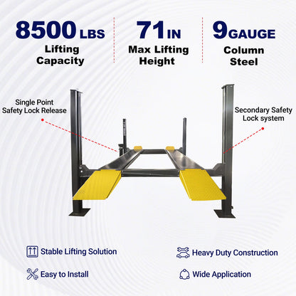 Key features of KT-4H850 8,500 lbs 4-post car lift