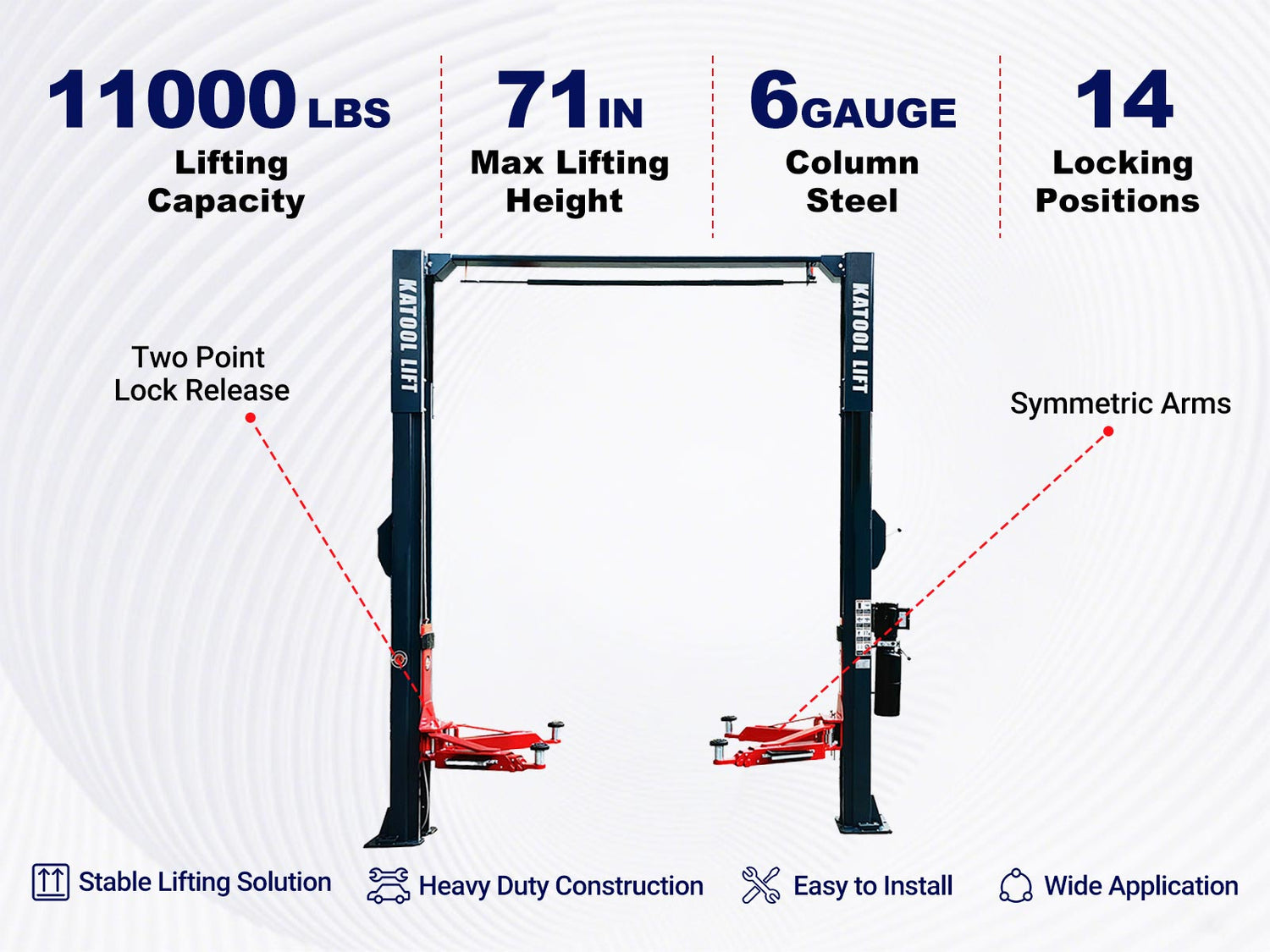 Key features of KT-AS110D asymmetric 2 post car lift