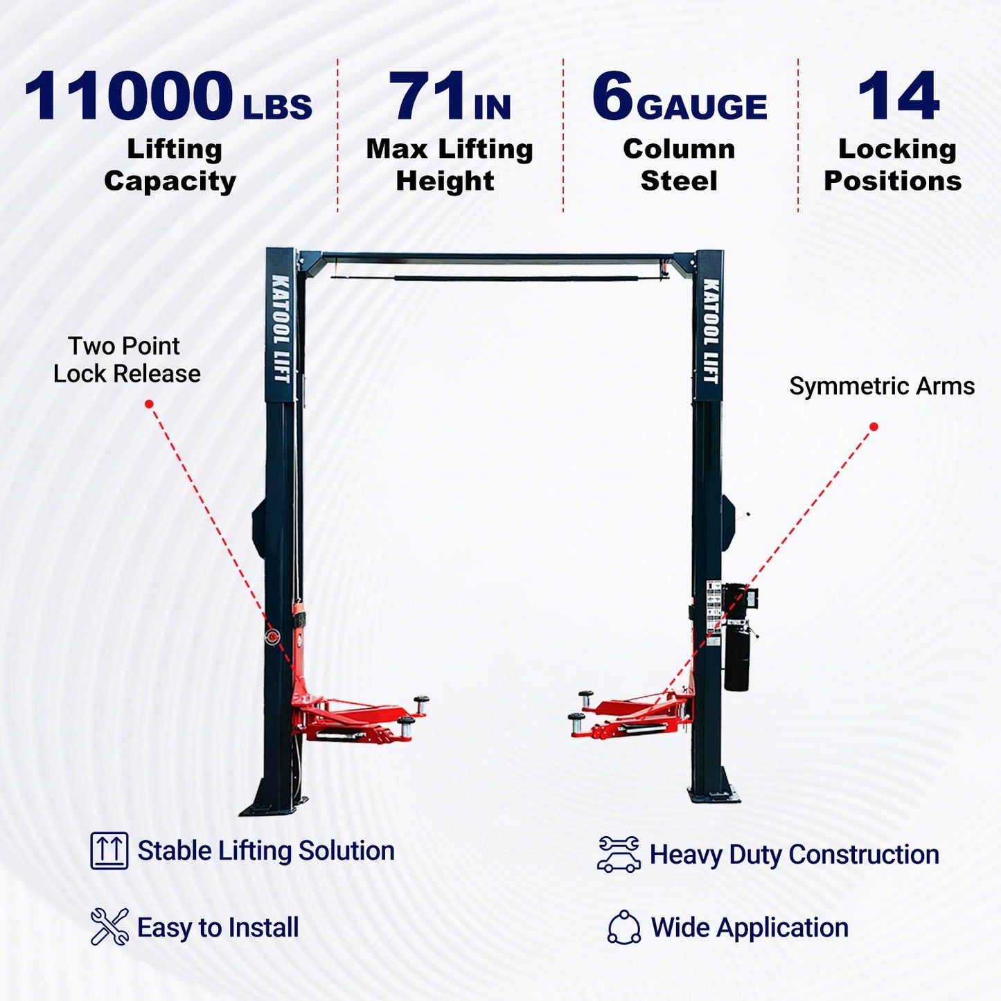 Key features of KT-AS110D asymmetric 2 post car lift 