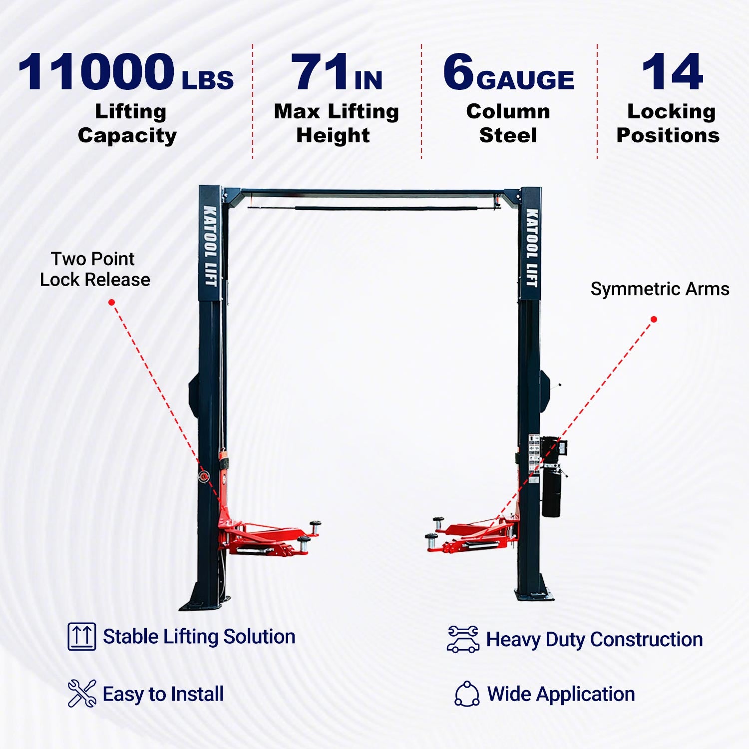 Key features of KT-AS110D asymmetric 2 post car lift