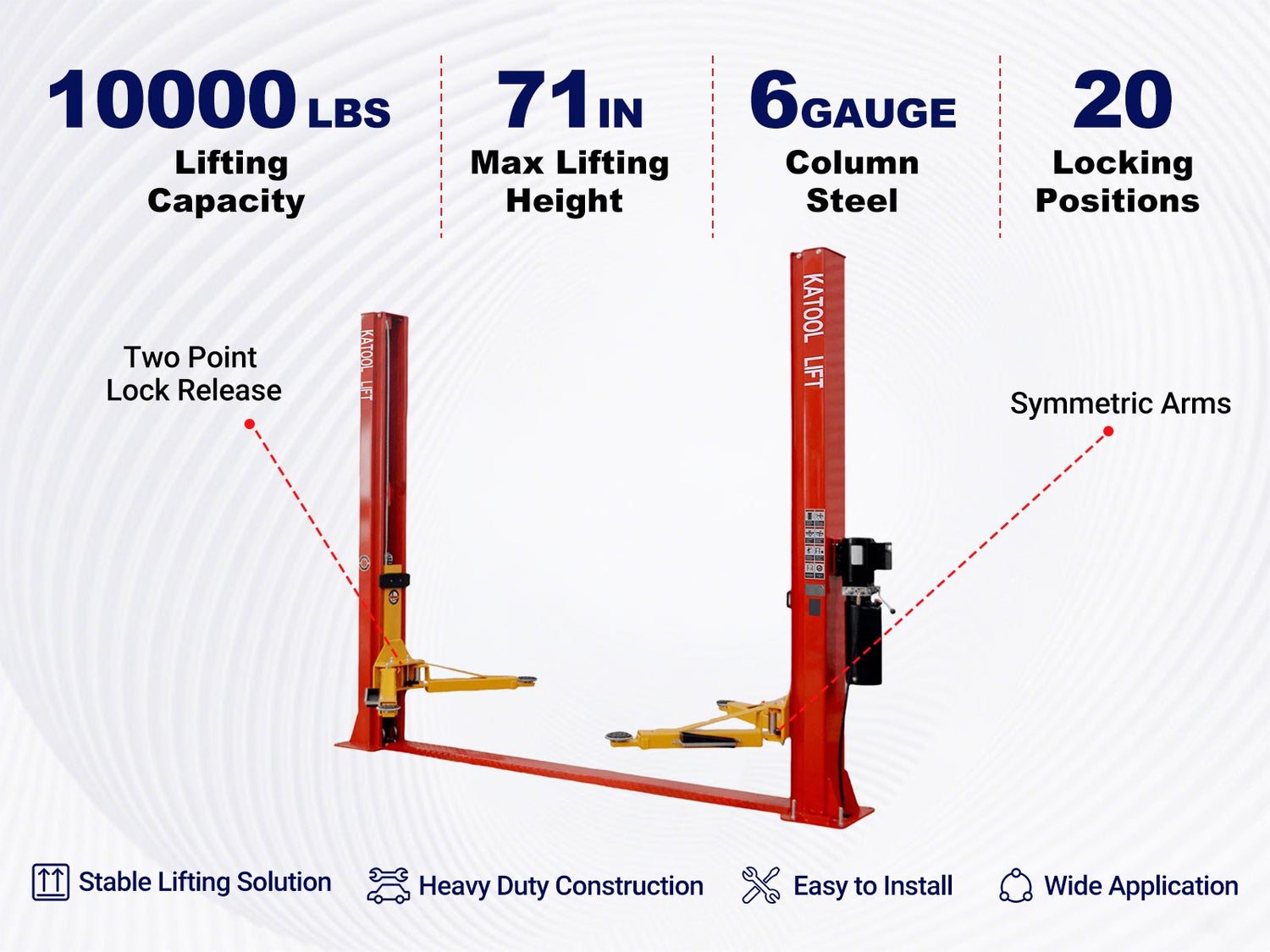 Key features of KT-H100 symmetric 2 post car lift 