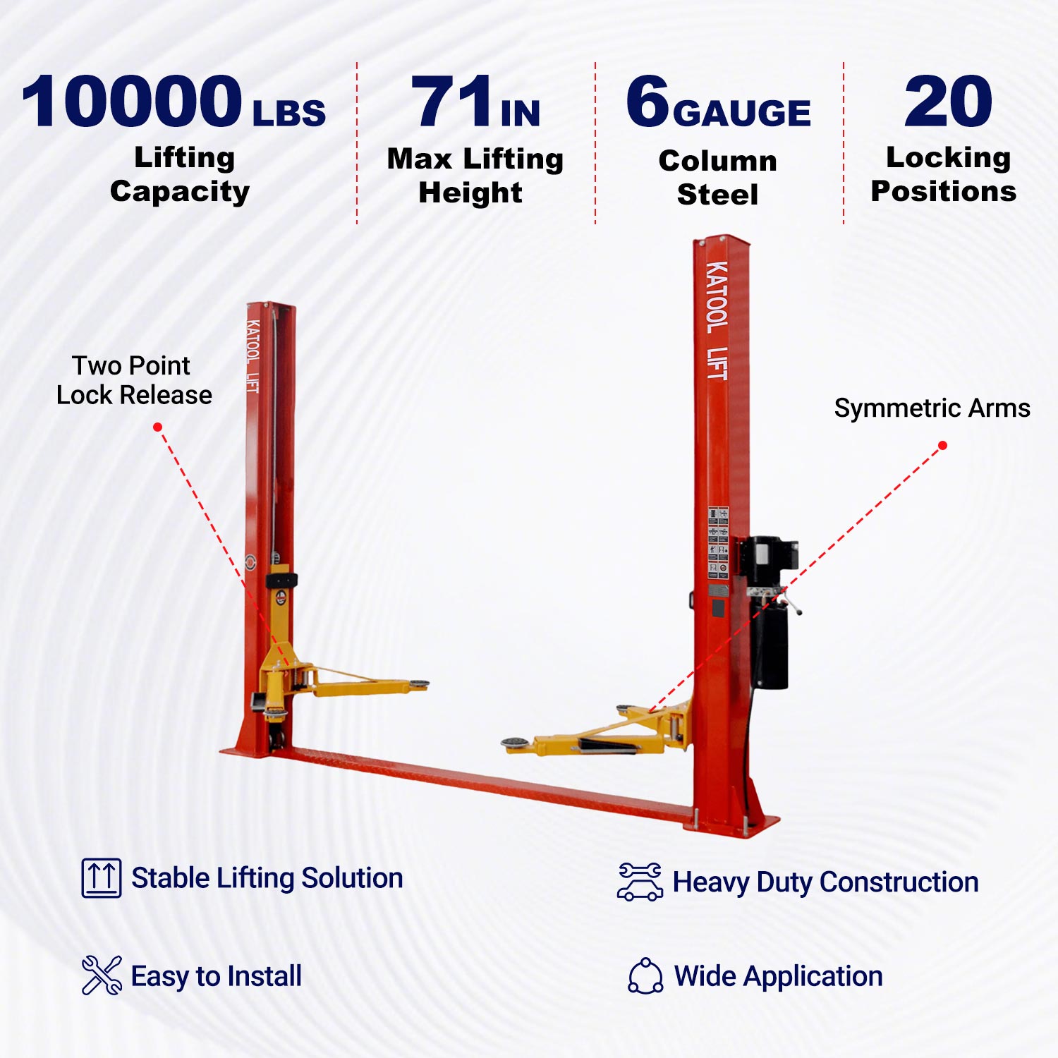 Key features of KT-H100 symmetric 2 post car lift