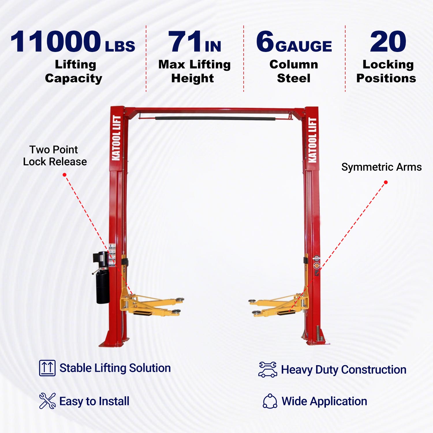 Key features of KT-M110 symmetric 2 post car lift