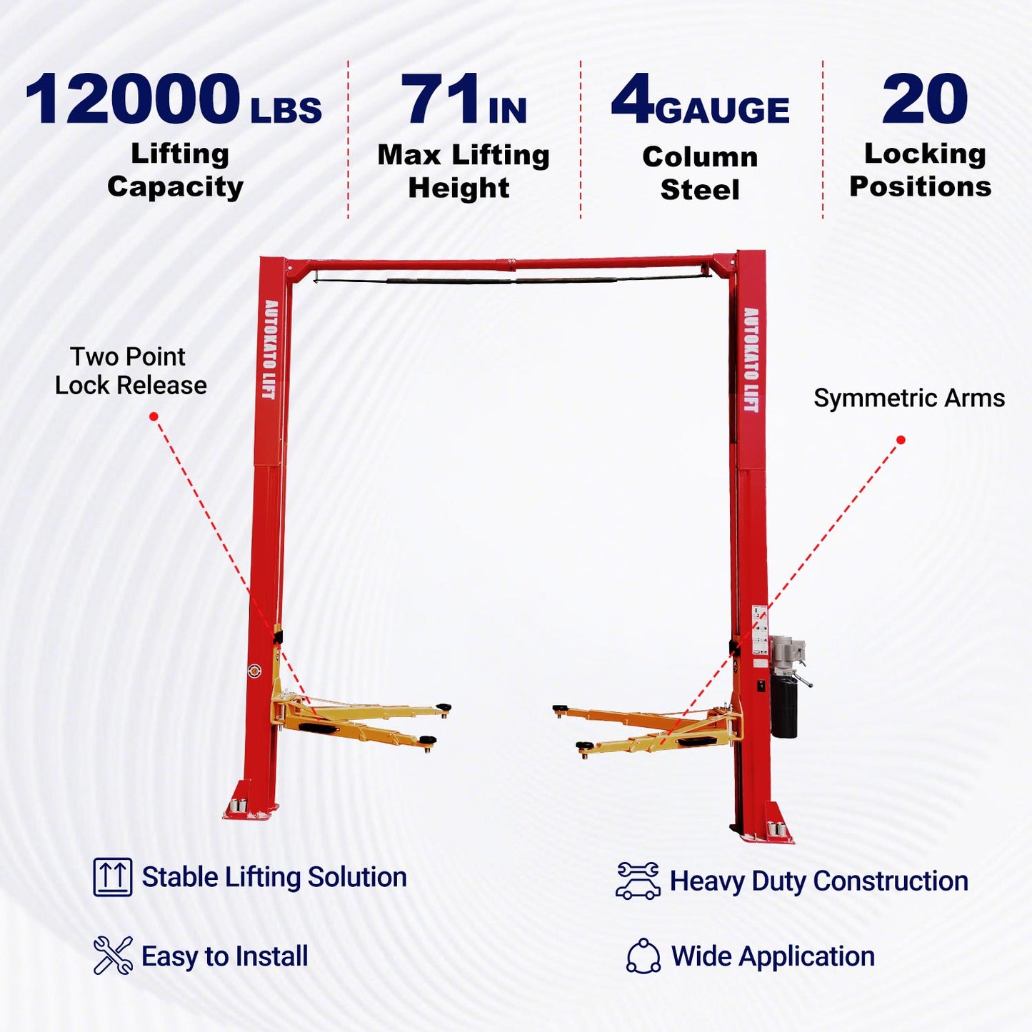 Key features of KT-M120 symmetric 2 post car lift 