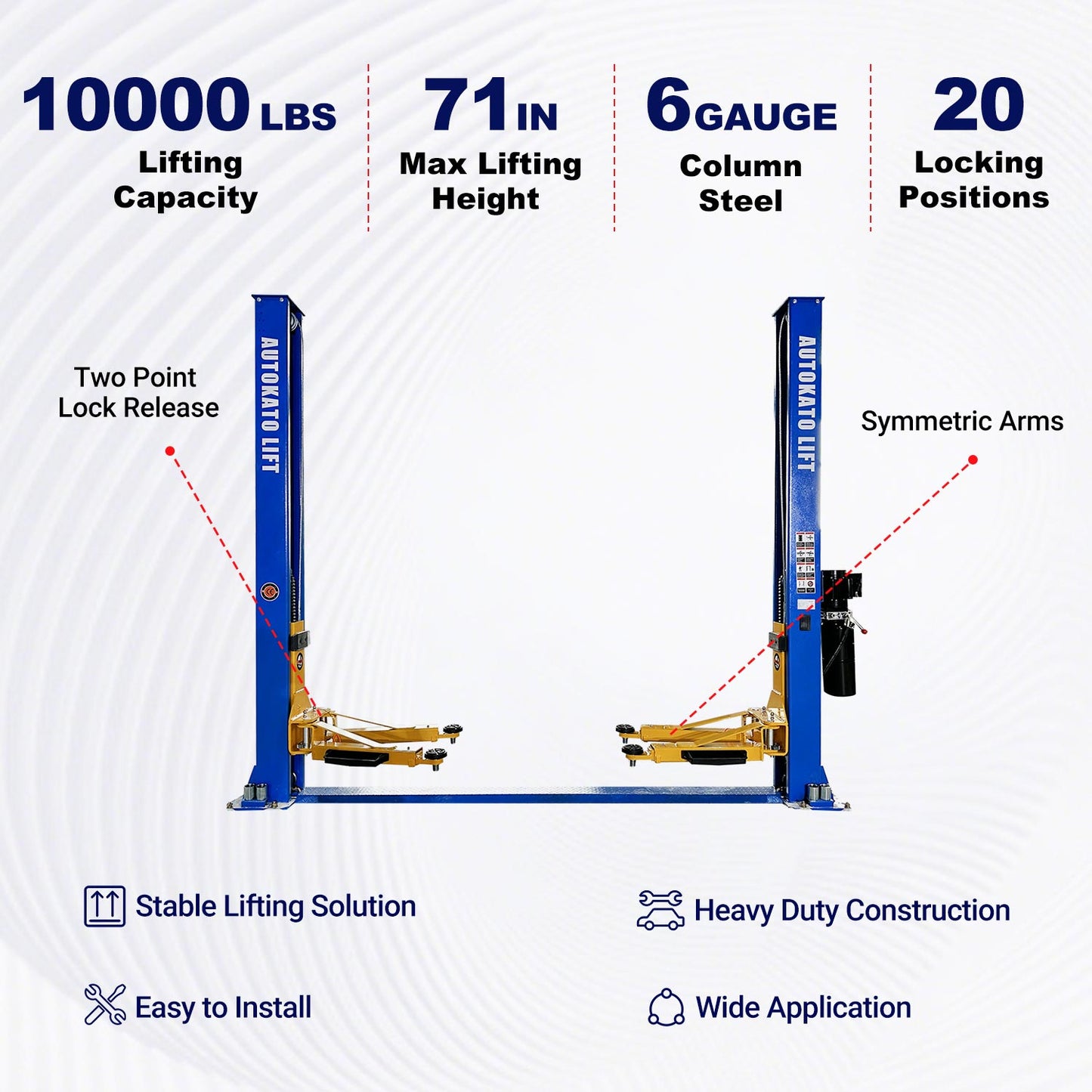 Key features of KT-H105  symmetric 2 post car lift 