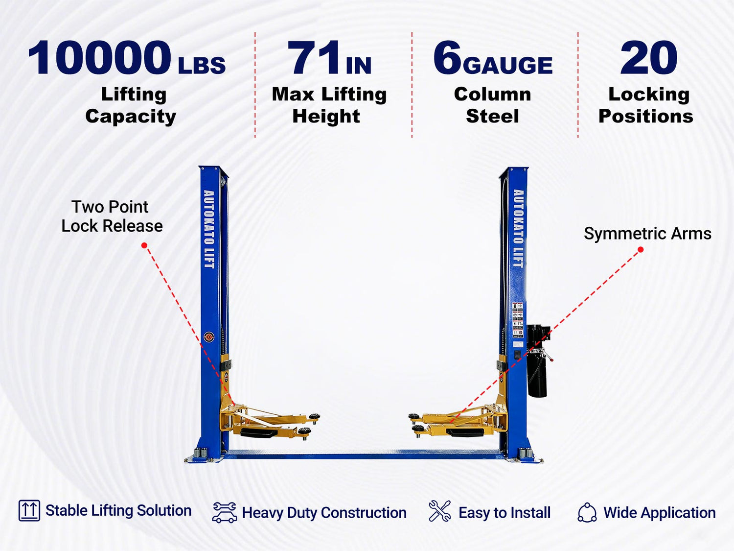 Key features of KT-H105 symmetric 2 post car lift 