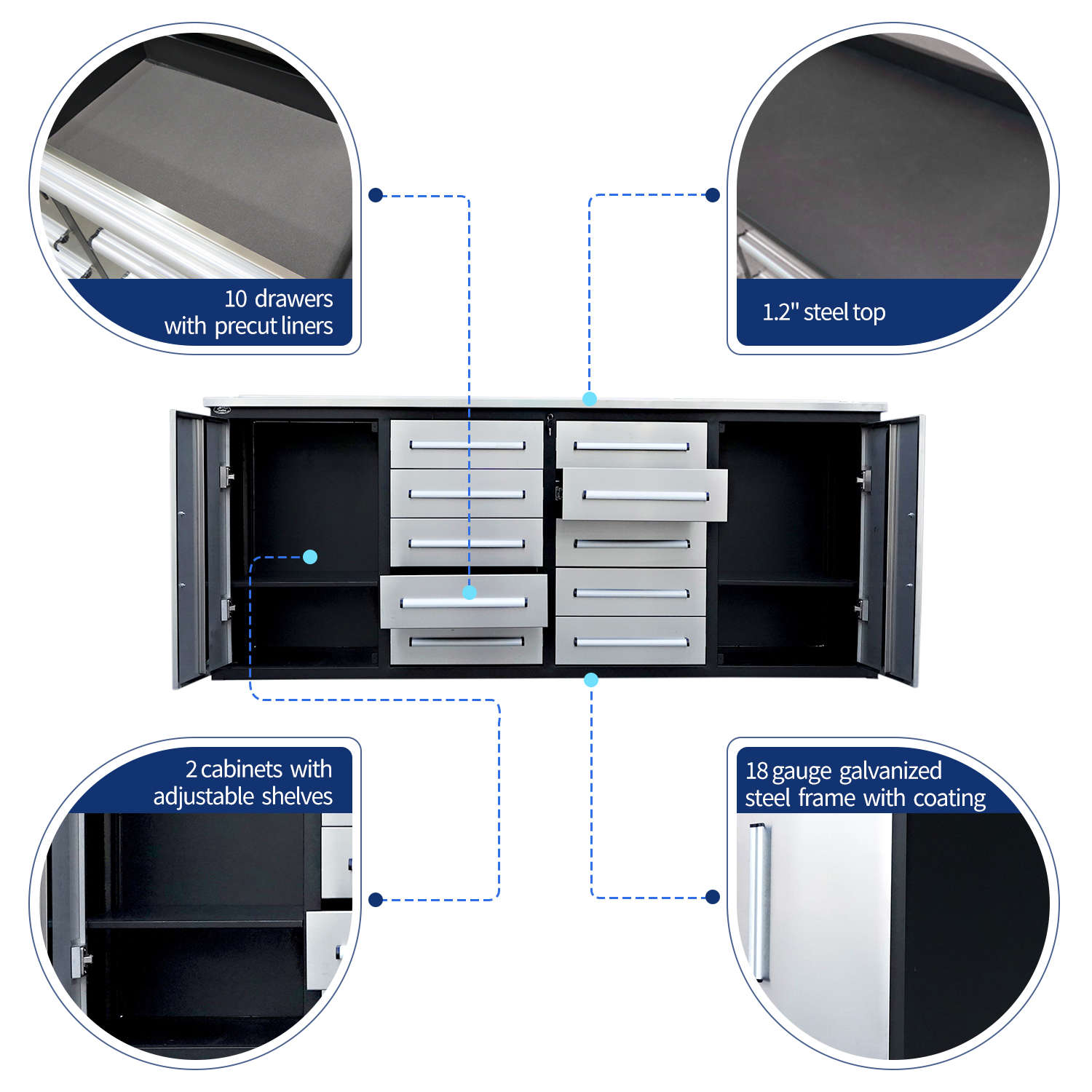 key features of 7ft workbench with 10 drawers & 2 cabinets