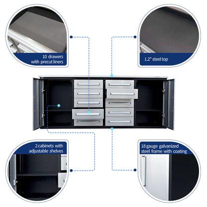key features of 7ft workbench with 10 drawers & 2 cabinets