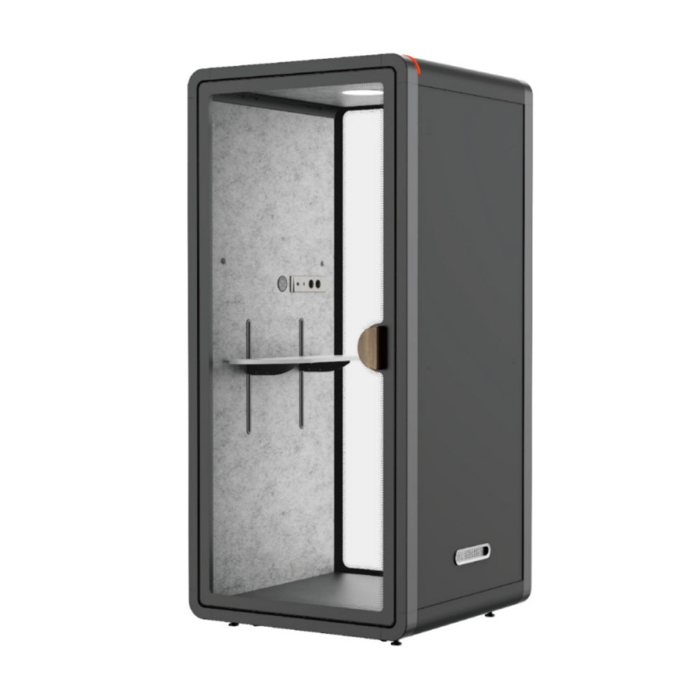 Small dark gray soundproof booth with transparent glass door on a white background#color_Black