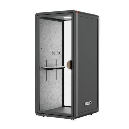 Small dark gray soundproof booth with transparent glass door on a white background#color_Black