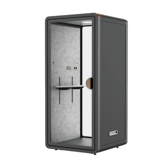 Small dark gray soundproof booth with transparent glass door on a white background#color_Black