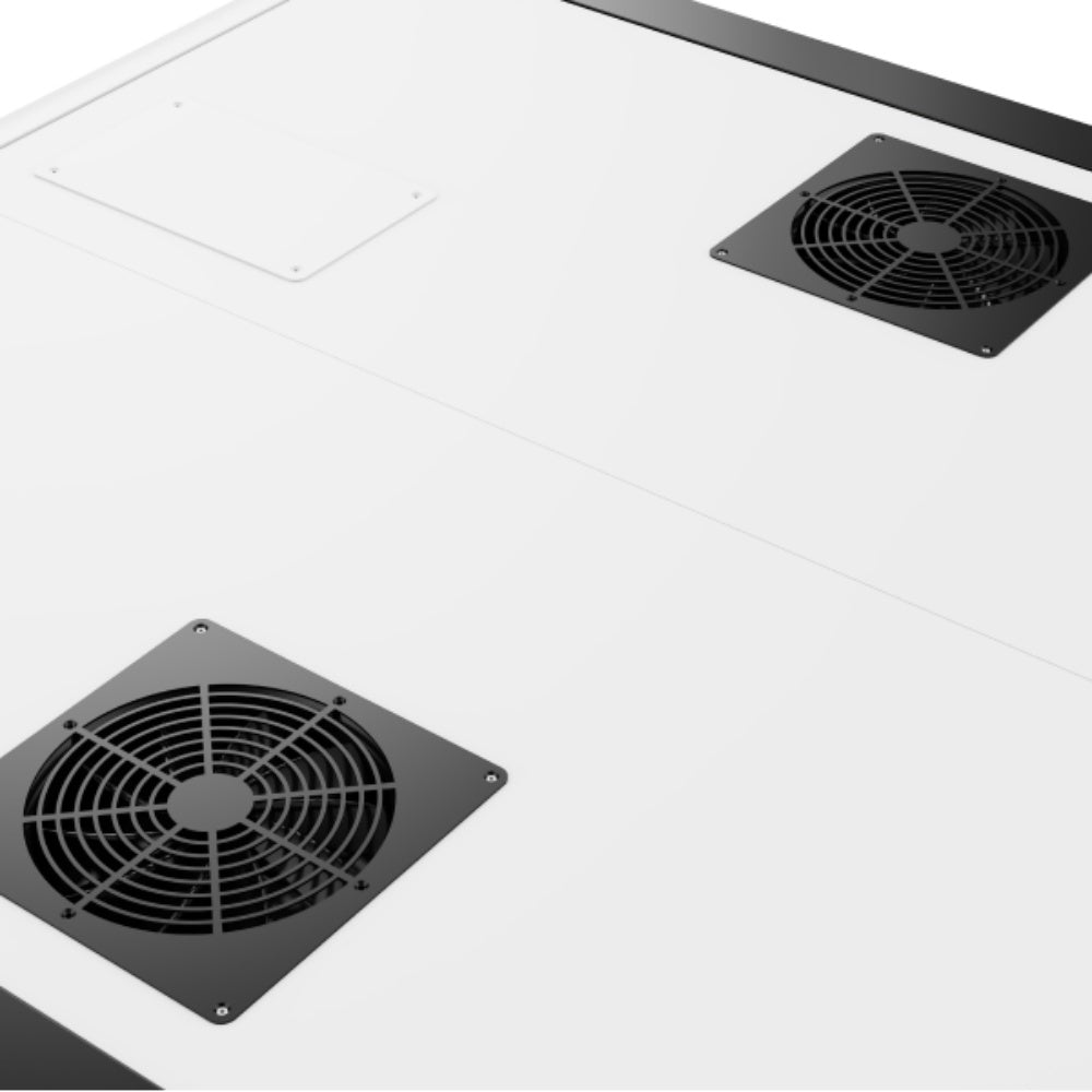 Two black square fans on a white surface