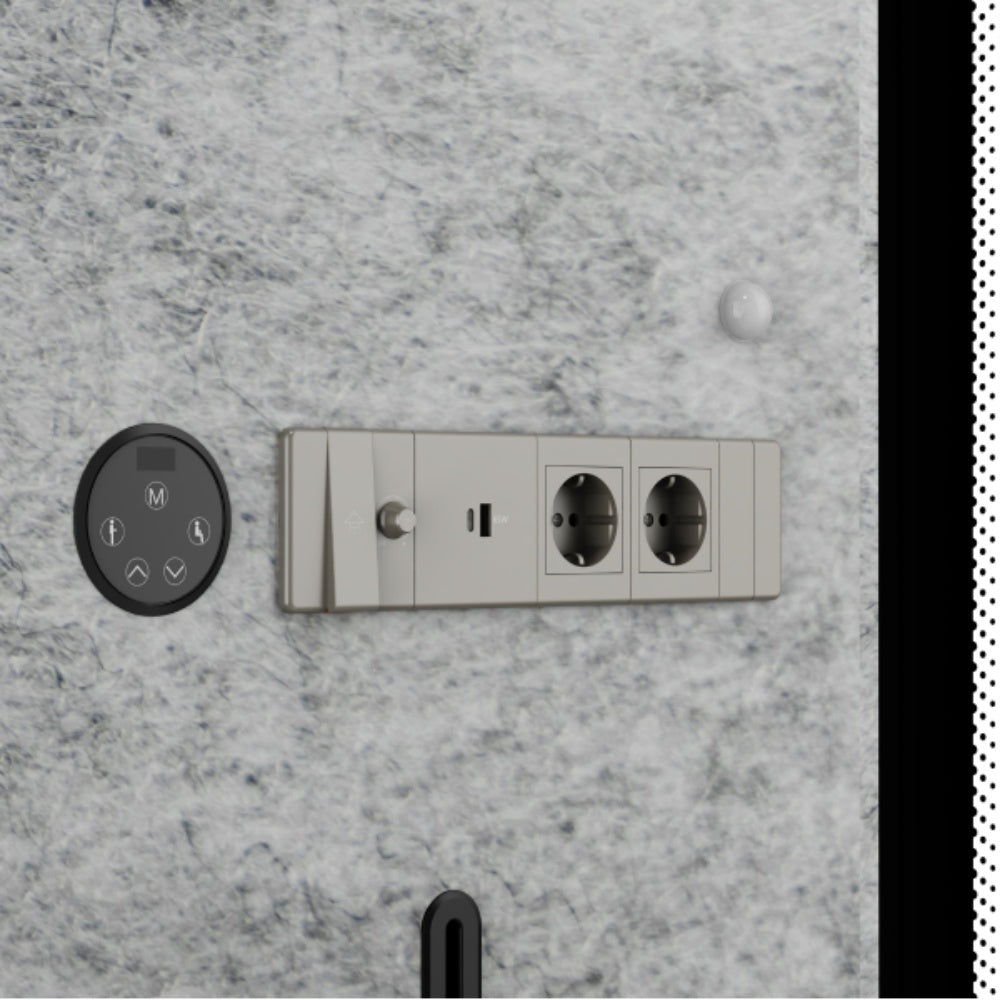 Wall-mounted electrical outlet and switch on a textured gray wall