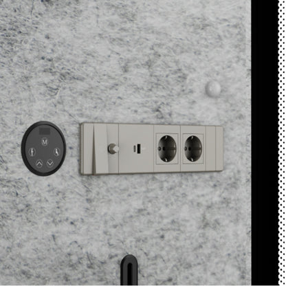 Wall-mounted electrical outlet and switch on a textured gray wall