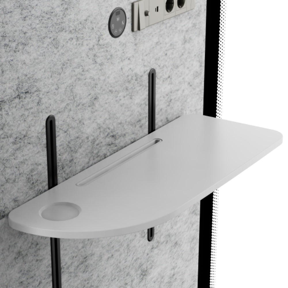 Gray wall-mounted shower seat with black brackets against a gray marble wall.
