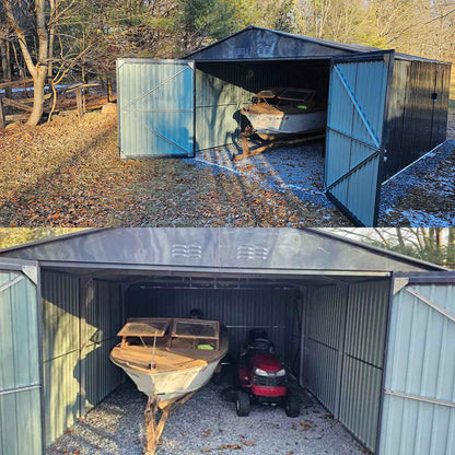 metal shed with boats and vehicle 2