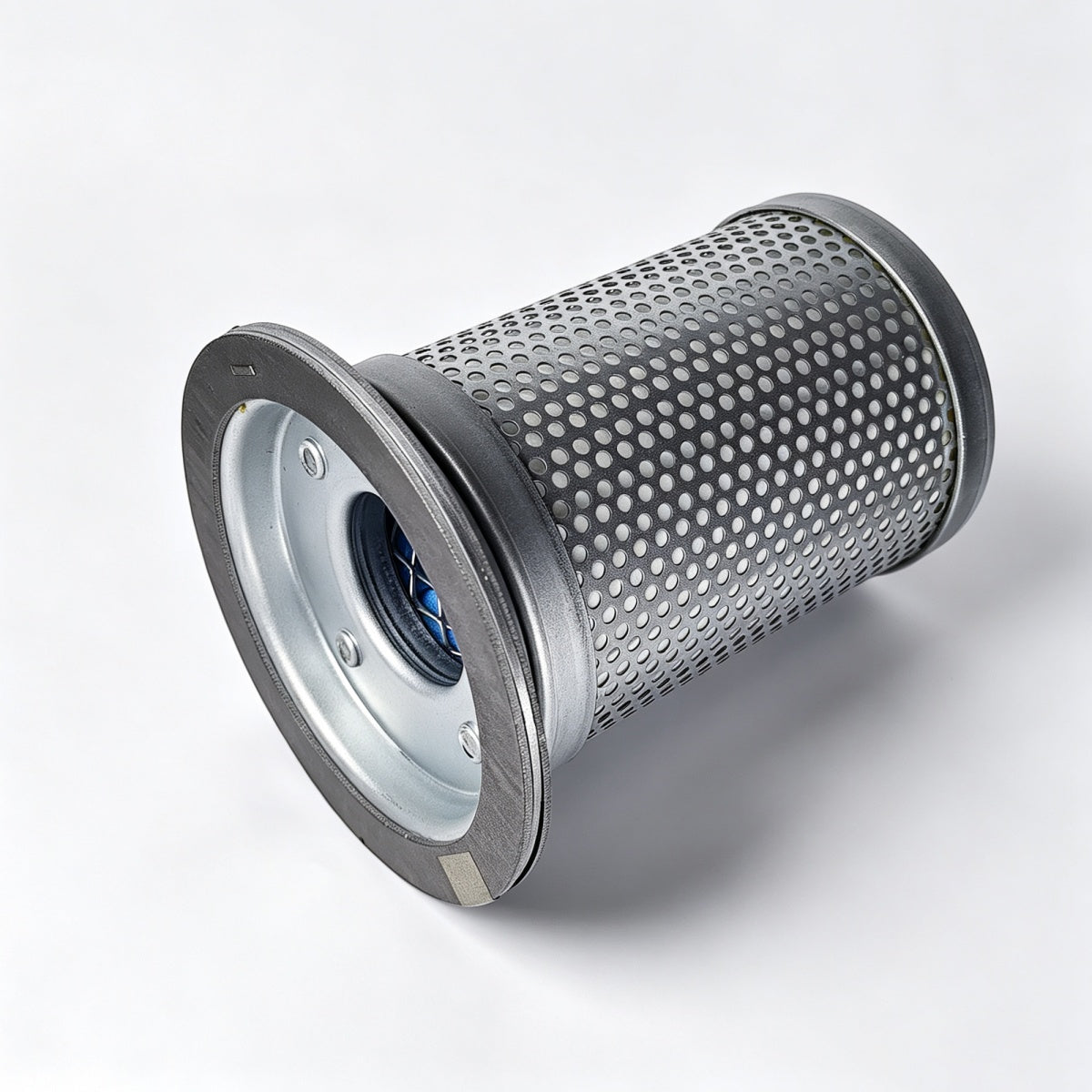 A cylindrical metal hydraulic or industrial filter cartridge