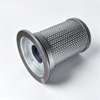 A cylindrical metal hydraulic or industrial filter cartridge