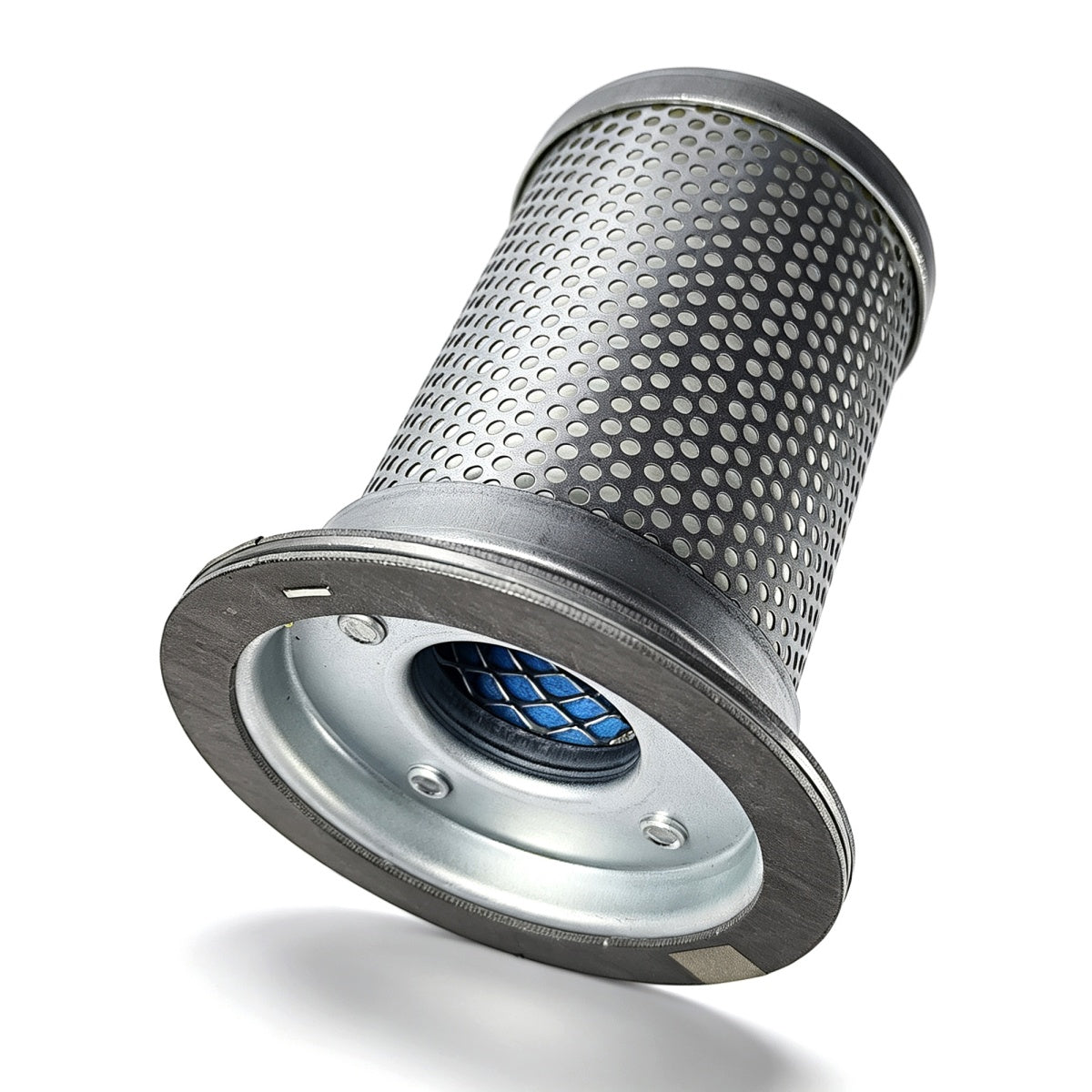 A cylindrical metal mesh filter cartridge with a perforated silver body