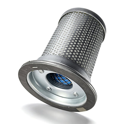 A cylindrical metal mesh filter cartridge with a perforated silver body