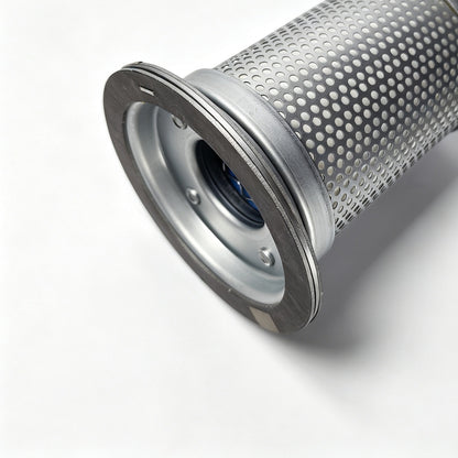 A close-up of a cylindrical metal filter element with a perforated outer surface, a flanged silver end