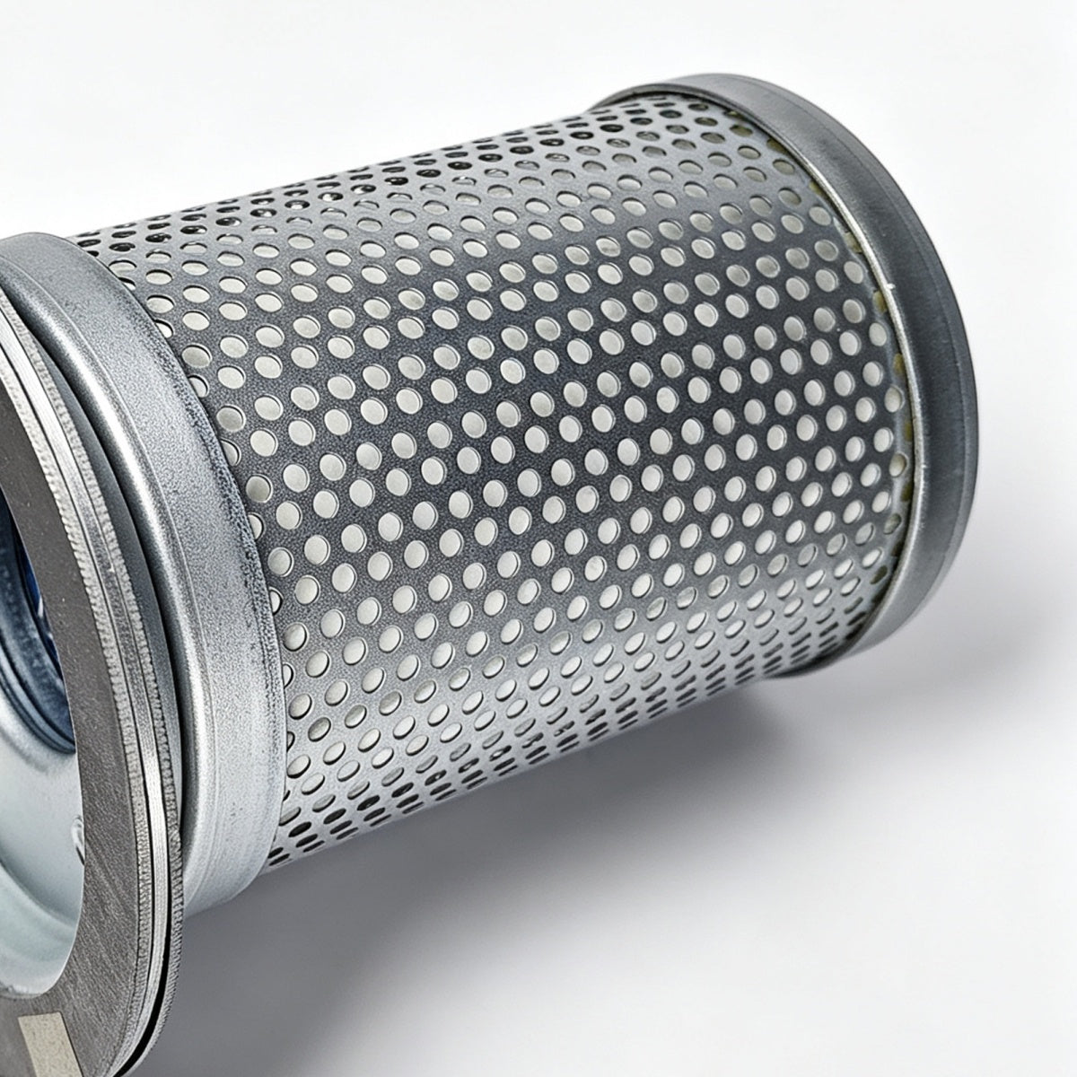 A close-up of a cylindrical metal filter cartridge