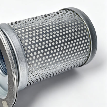 A close-up of a cylindrical metal filter cartridge