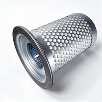 A cylindrical metal filter element with a perforated silver body