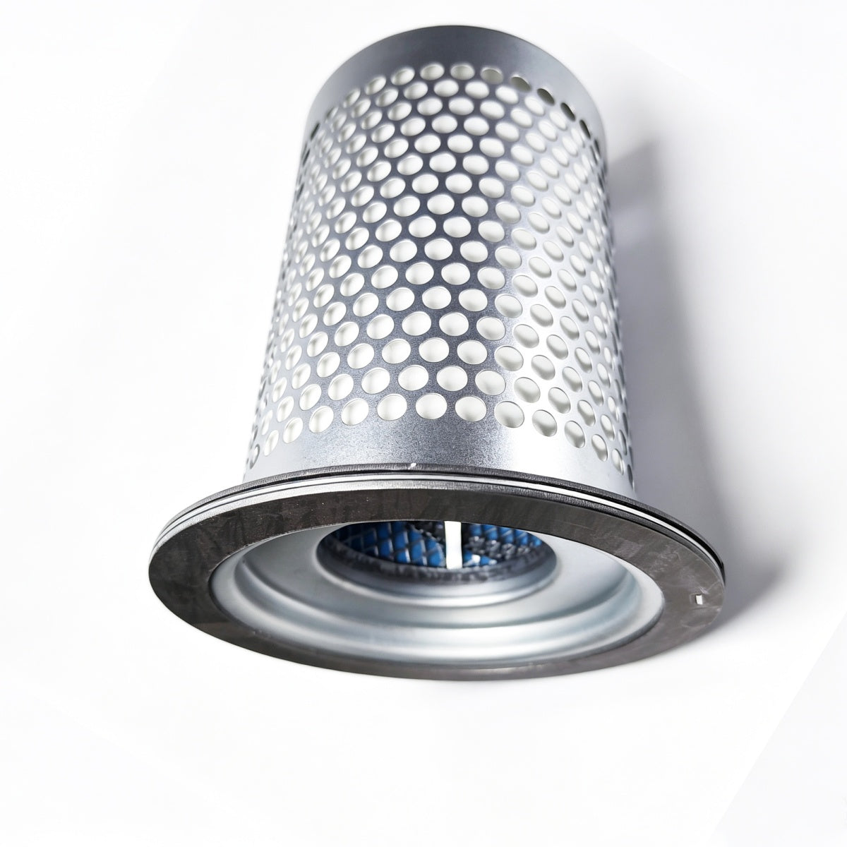A cylindrical metal filter cartridge with a perforated silver mesh body