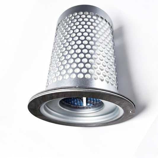 A cylindrical metal filter cartridge with a perforated silver mesh body