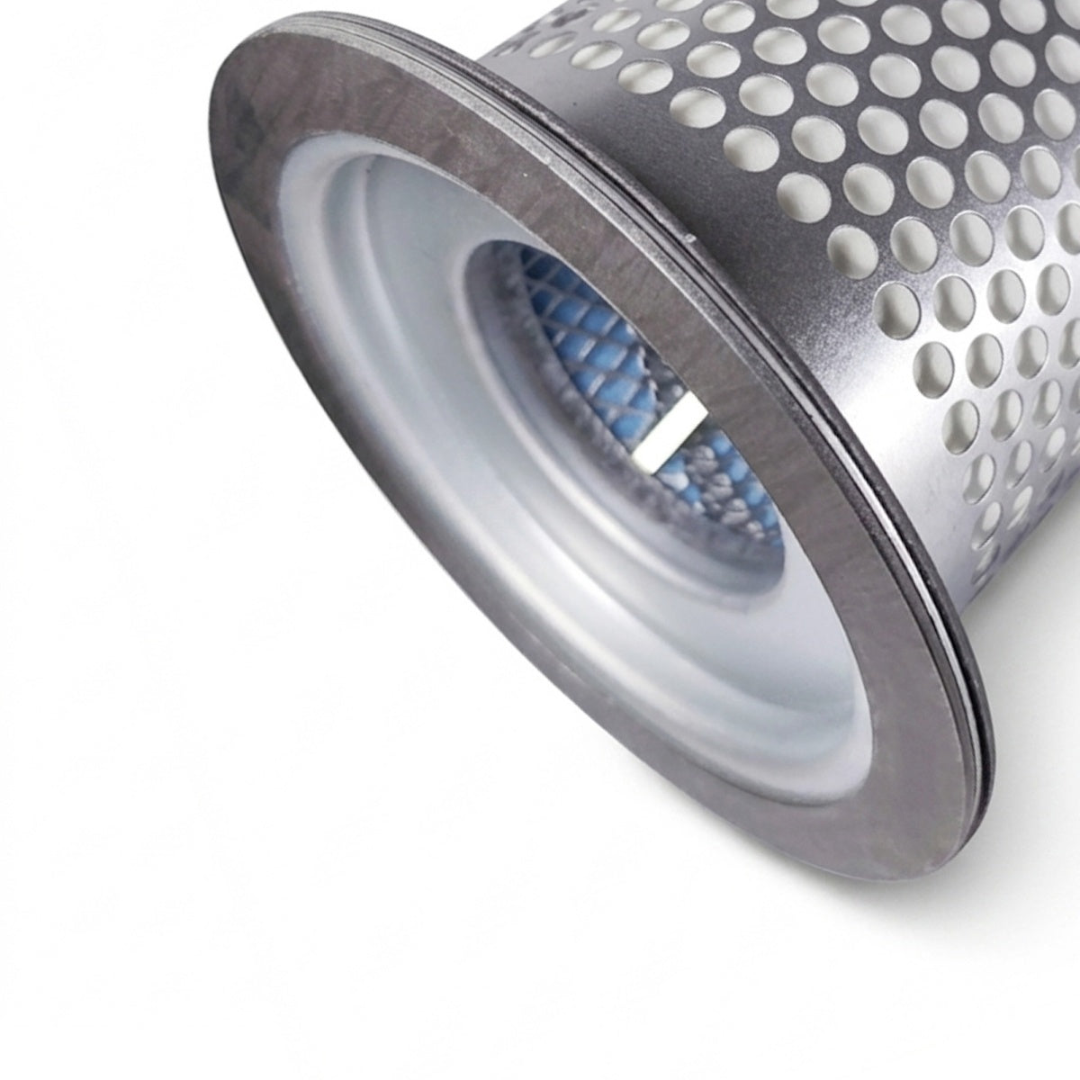 A close-up of a cylindrical metal filter cartridge with a perforated silver outer shell