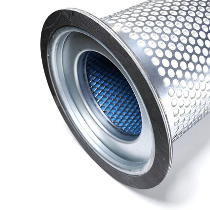 A close-up of a cylindrical metal air filter