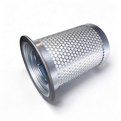 A cylindrical metal air filter element with a perforated honeycomb pattern 