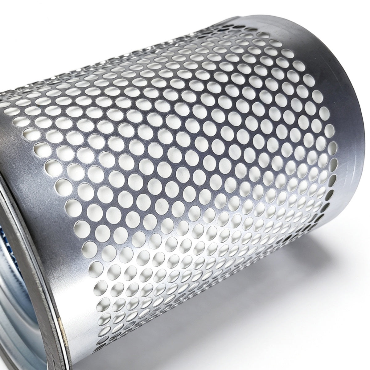 A close-up of a metallic cylindrical filter element with a dense pattern of circular perforations on a white background.