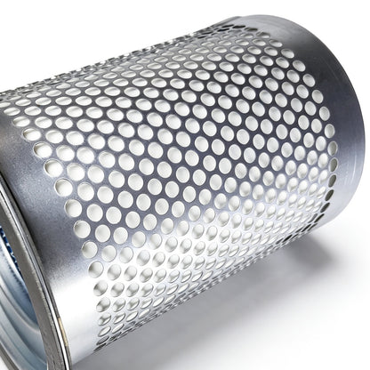 A close-up of a metallic cylindrical filter element with a dense pattern of circular perforations on a white background.