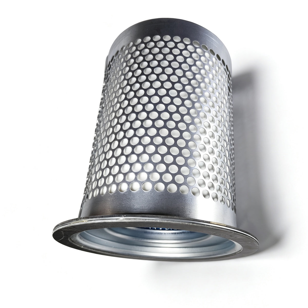 A cylindrical metal filter element with a perforated mesh body and a solid metal rim, shown on a white background with a soft shadow.