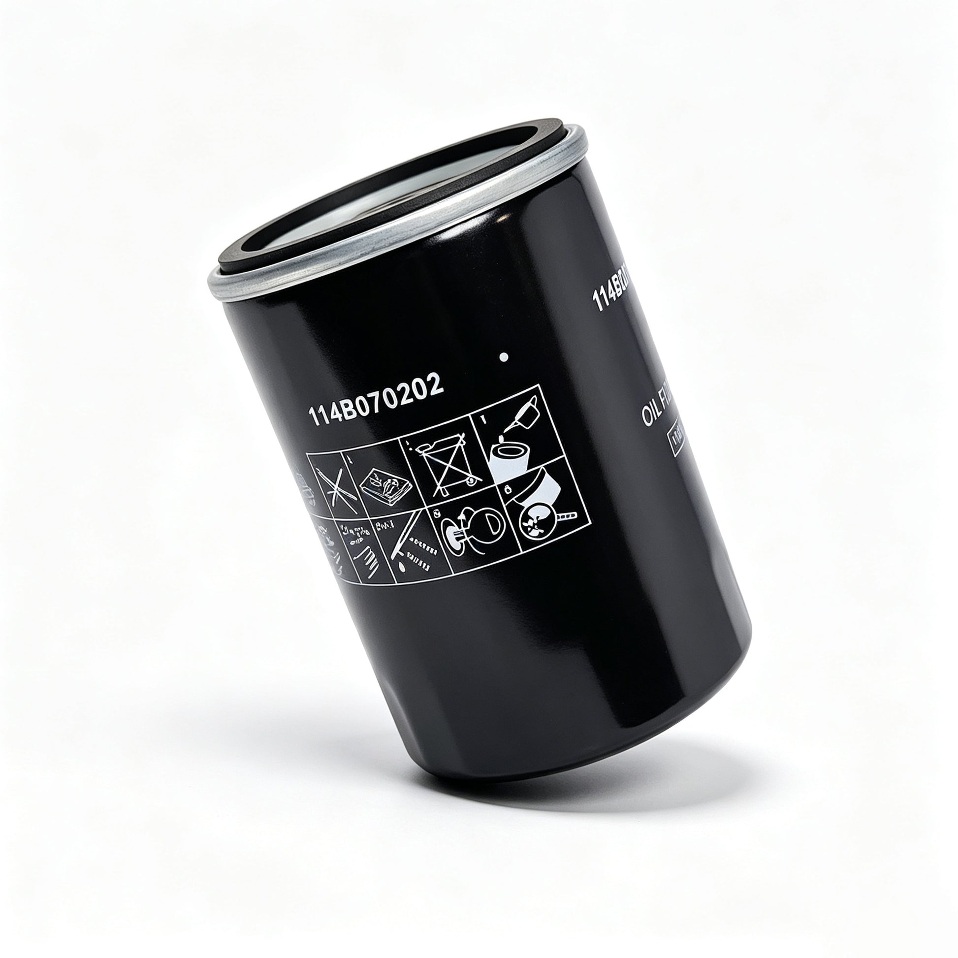 A black cylindrical automotive oil filter