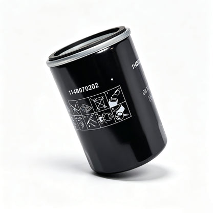 A black cylindrical automotive oil filter