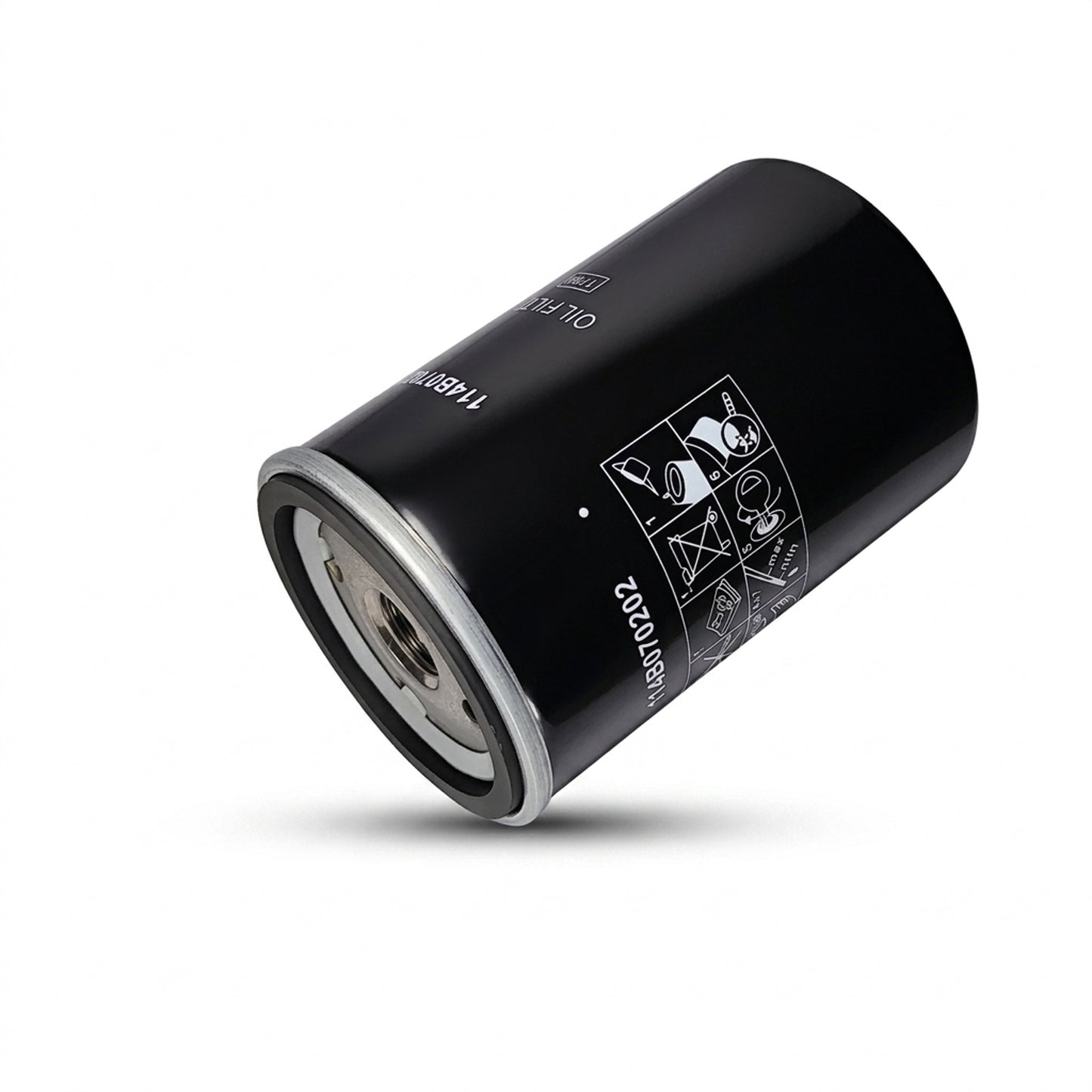 A black cylindrical automotive oil filter with a silver metal end cap