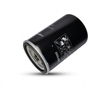A black cylindrical automotive oil filter with a silver metal end cap