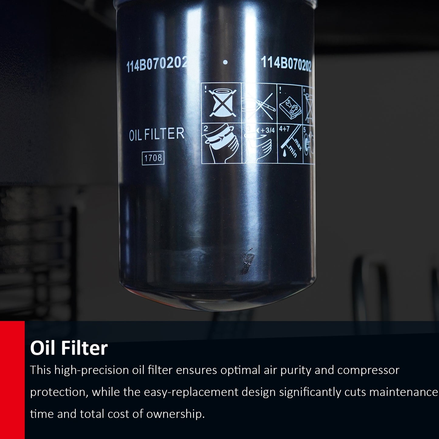 Oil filter with branding and specifications on a dark background