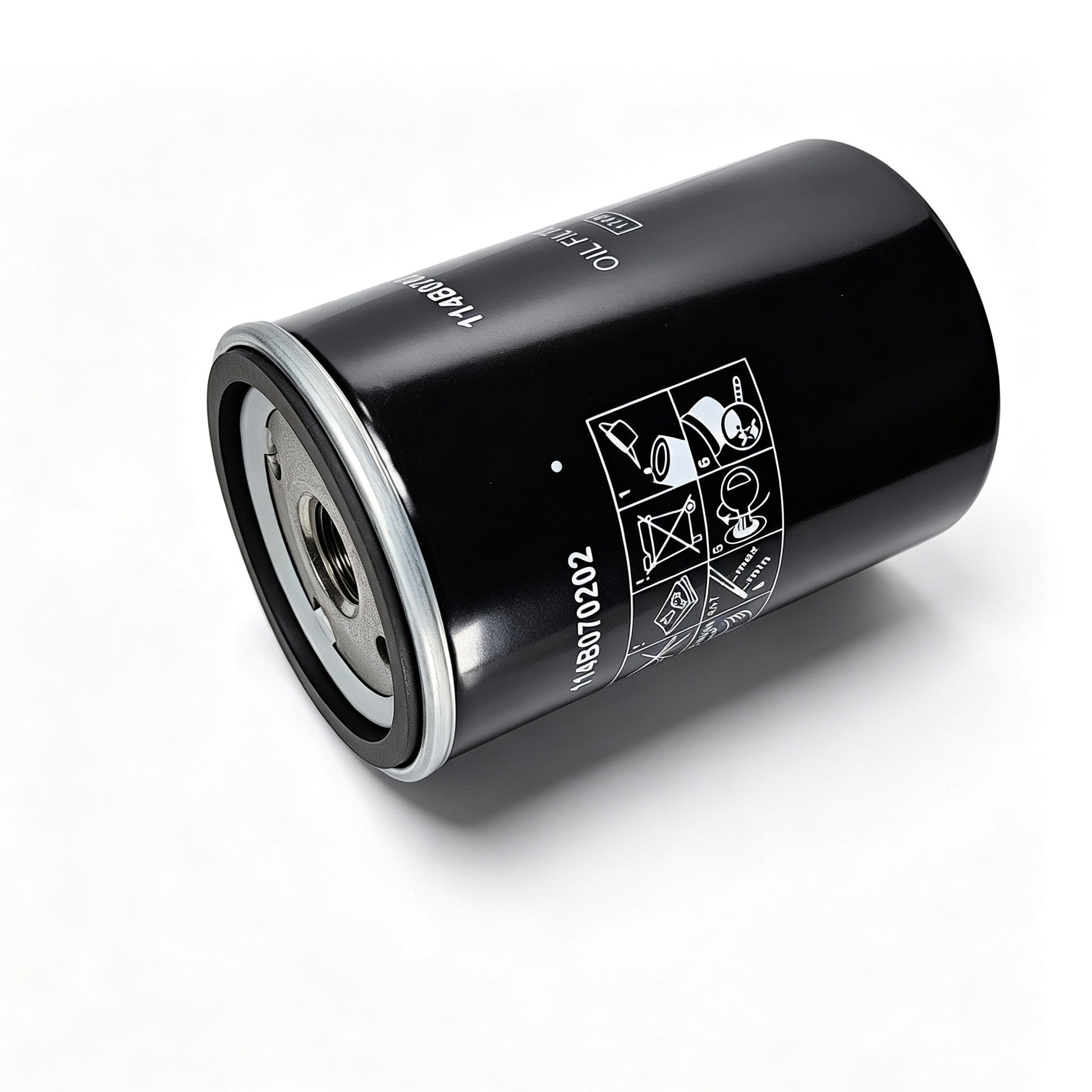 A black cylindrical oil filter with a silver metal end