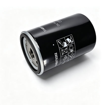 A black cylindrical oil filter with a silver metal end