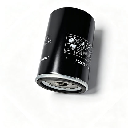 A black cylindrical automotive oil filter with a silver metal base