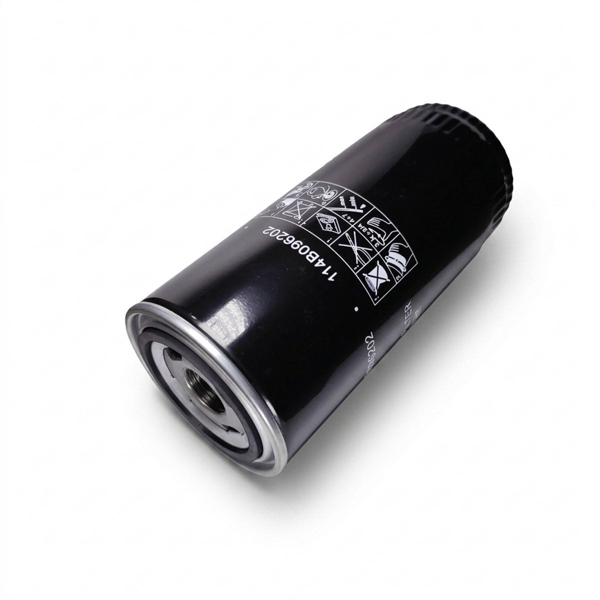 A black cylindrical automotive oil filter with a silver metal end and white printed specifications, shown on a clean white background.