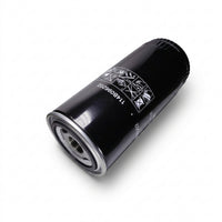 A black cylindrical automotive oil filter with a silver metal end and white printed specifications, shown on a clean white background.