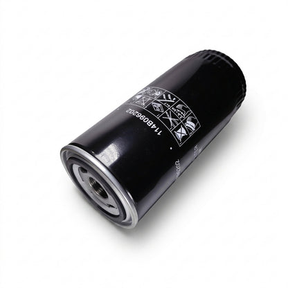A black cylindrical automotive oil filter with a silver metal end and white printed specifications, shown on a clean white background.