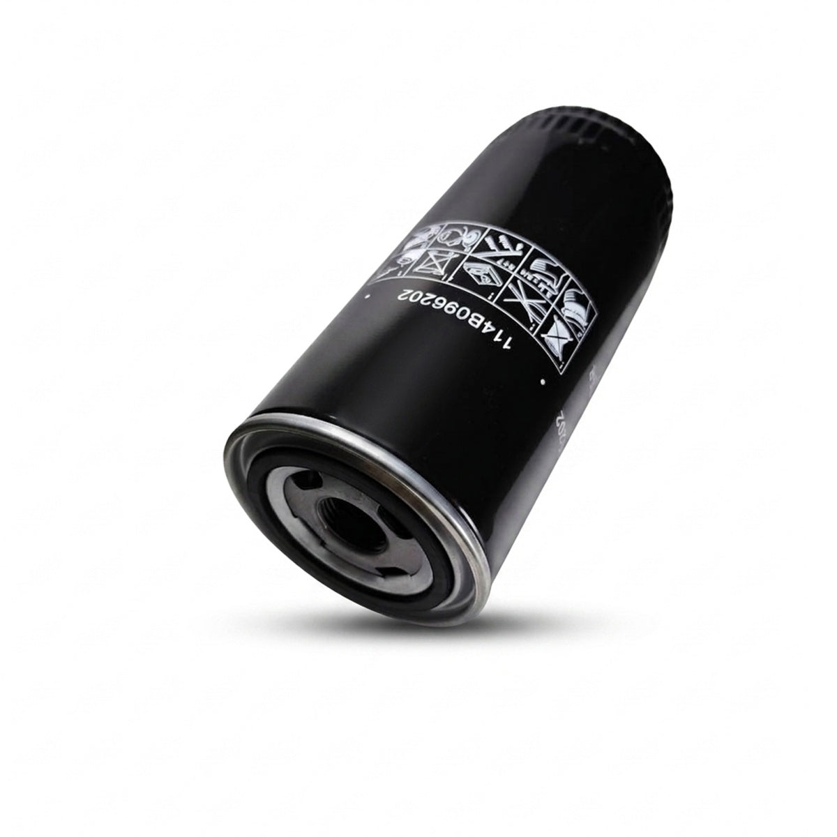 A single black cylindrical automotive oil filter with white printed specifications and symbols, shown at an angle on a clean white background.
