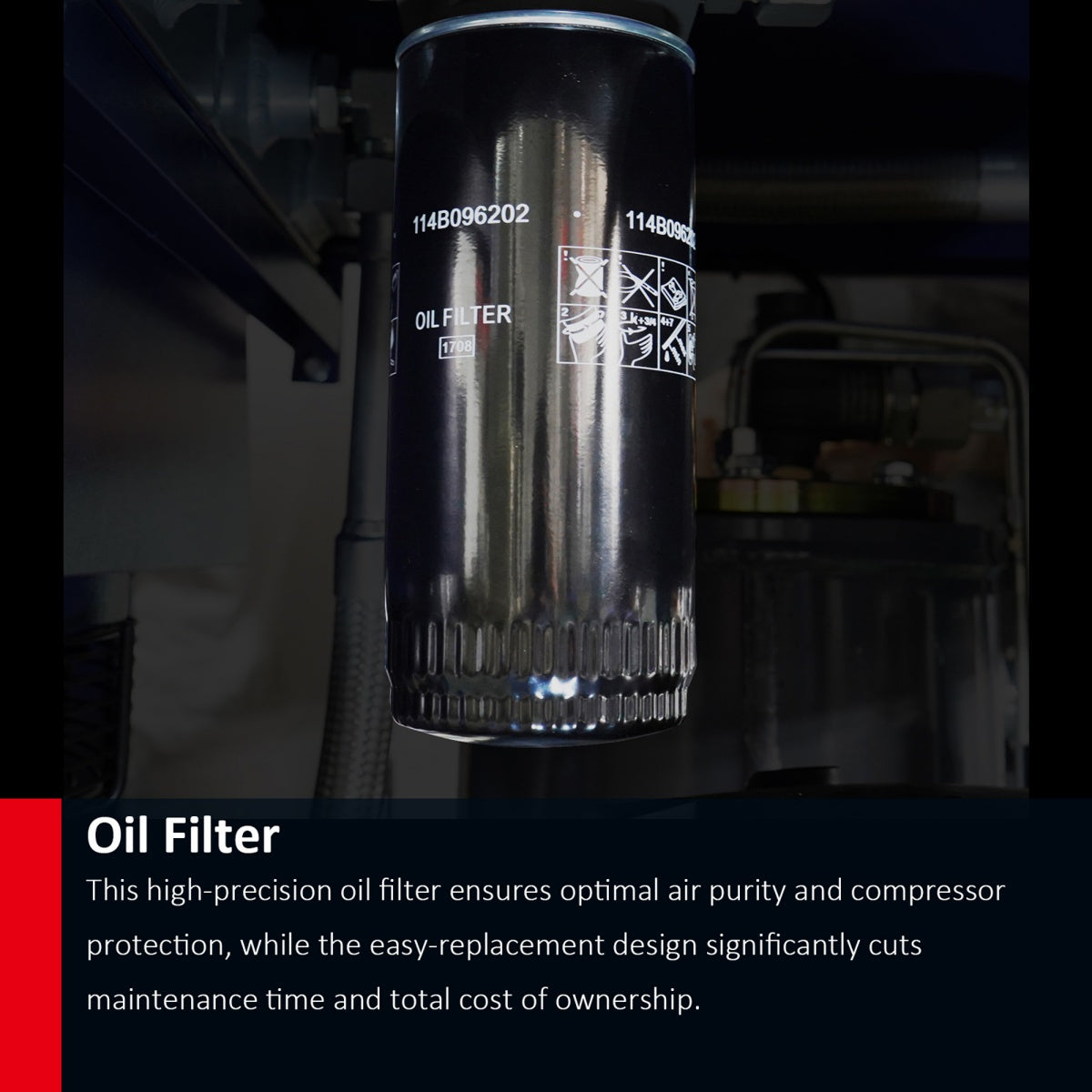 Oil filter with branding and text on a dark background
