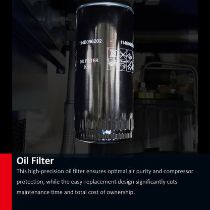 Oil filter with branding and text on a dark background